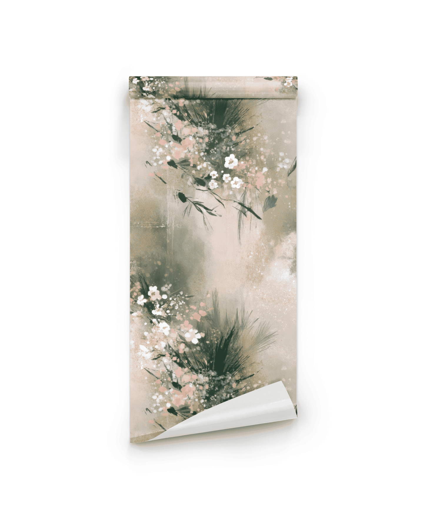 The Serene Blossom Wallpaper showcases a soft, abstract floral design in muted green, beige, and pink tones, adding dreamy serenity to any space. Shown partially unrolled on a white background.