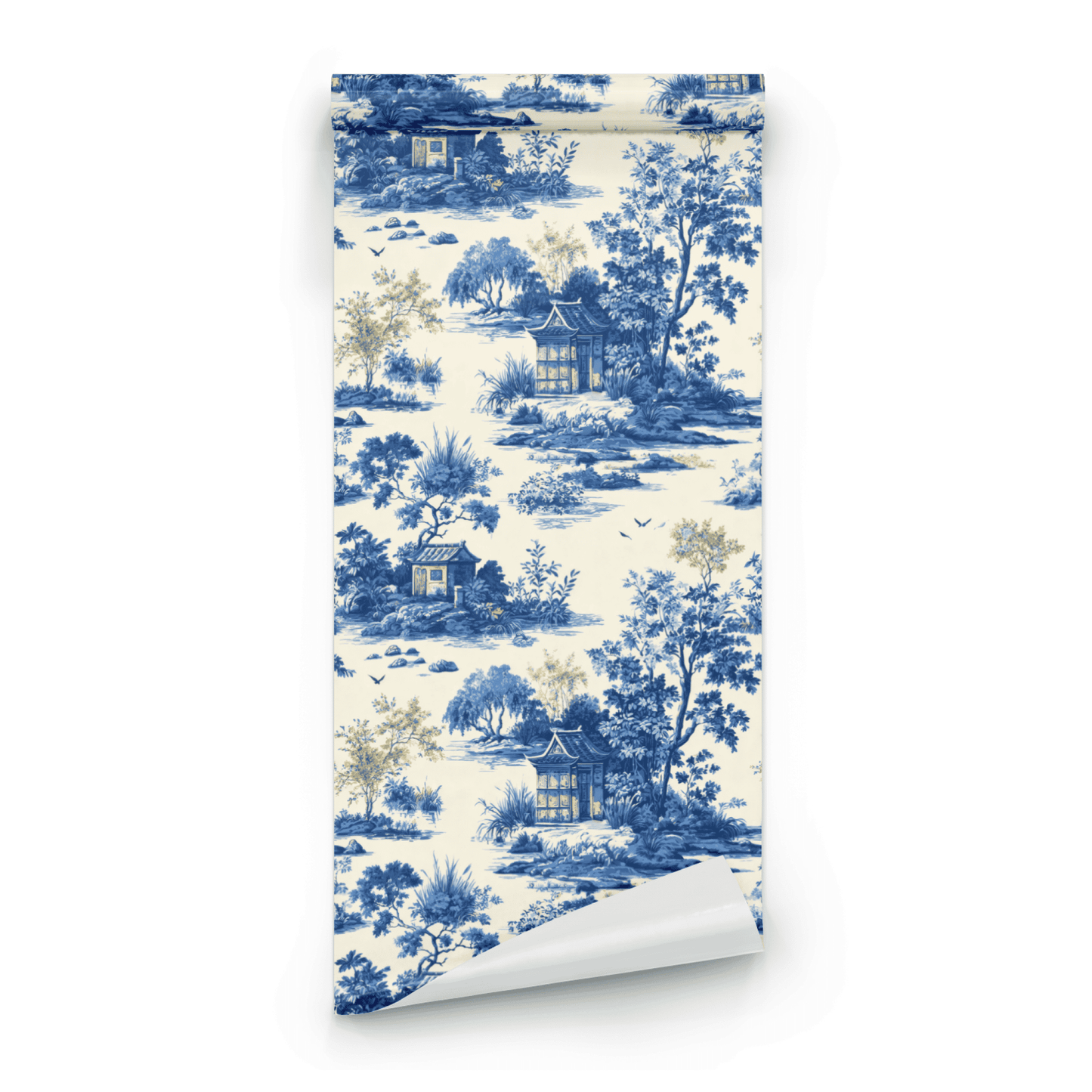 Blue Toile Wallpaper roll preview showing the pavilion and landscape detail in blue-and-cream toile line work