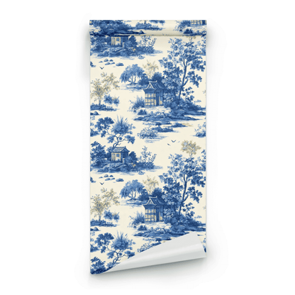 Blue Toile Wallpaper roll preview showing the pavilion and landscape detail in blue-and-cream toile line work