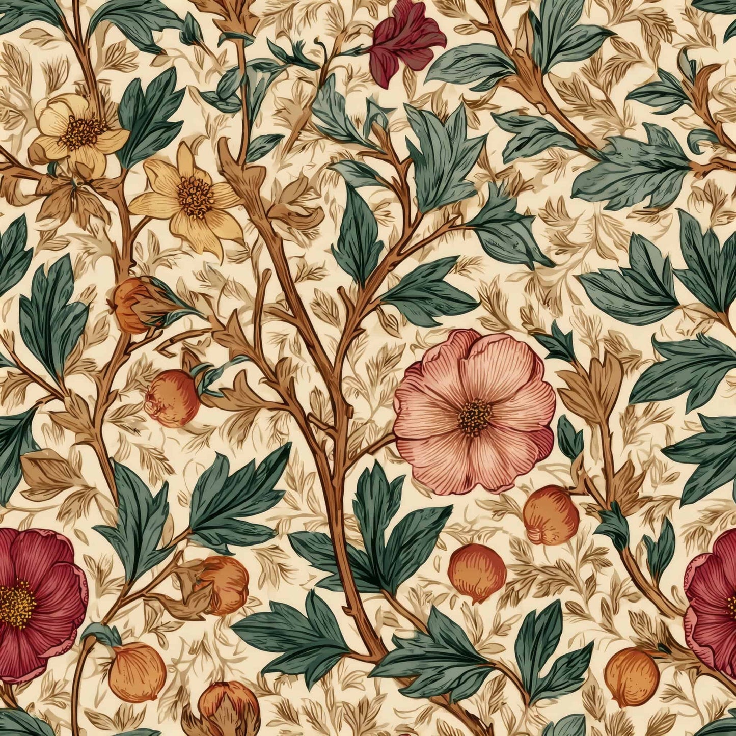 Vintage-inspired wallpaper with vibrant flowers and rich green leaves on a cream background.