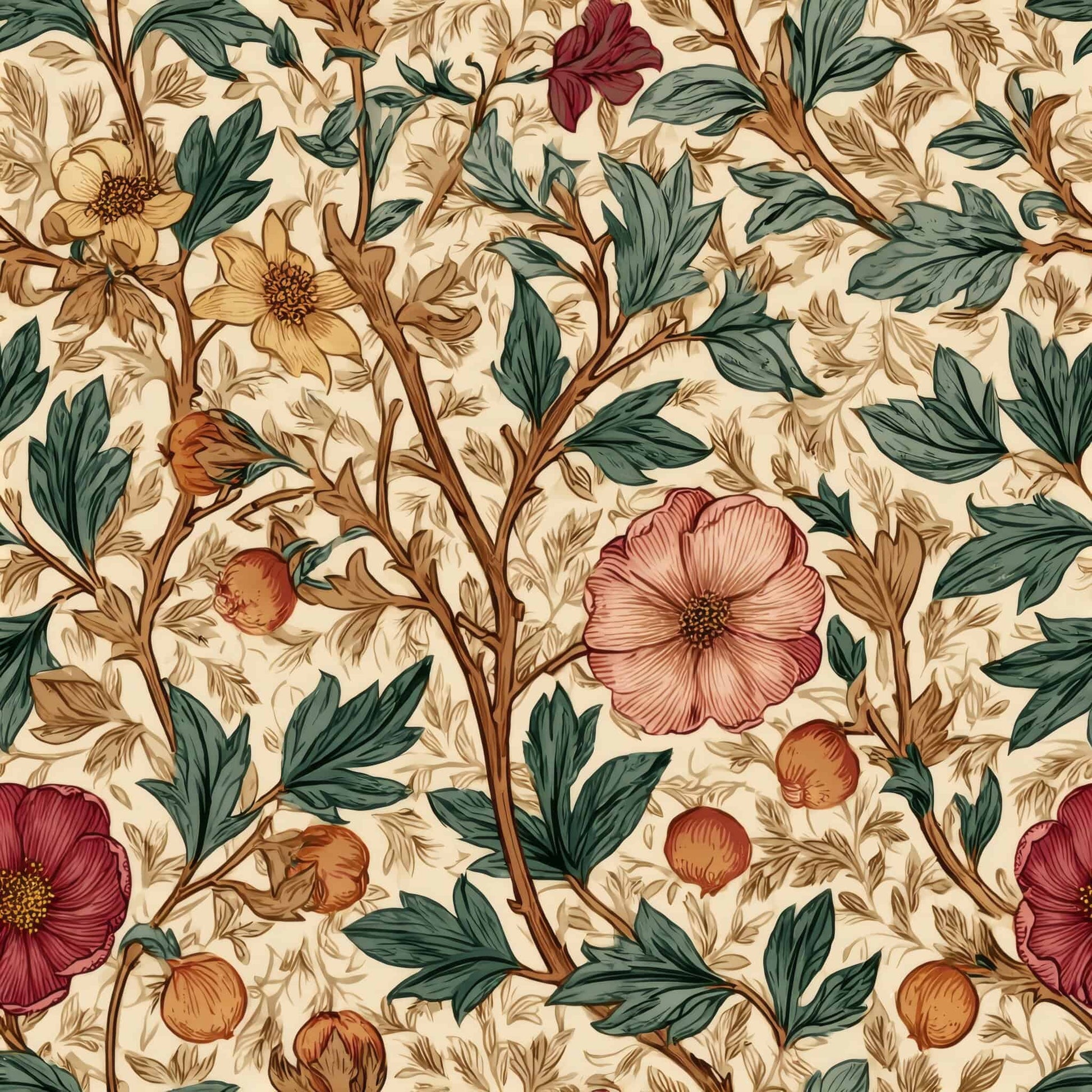 Vintage-inspired wallpaper with vibrant flowers and rich green leaves on a cream background.