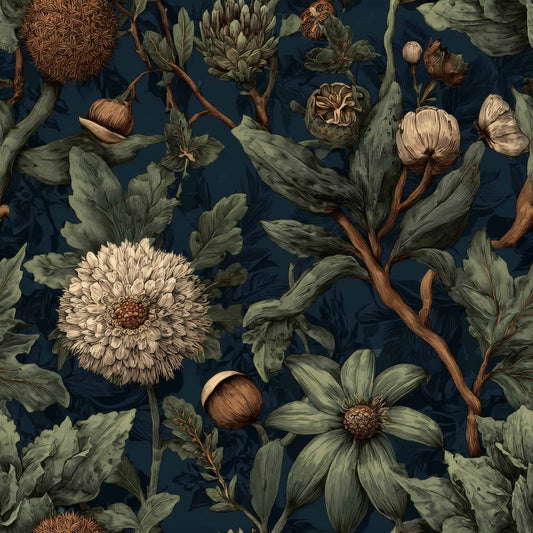 Floral wallpaper with lush botanicals and dark navy background featuring green and earthy tones.