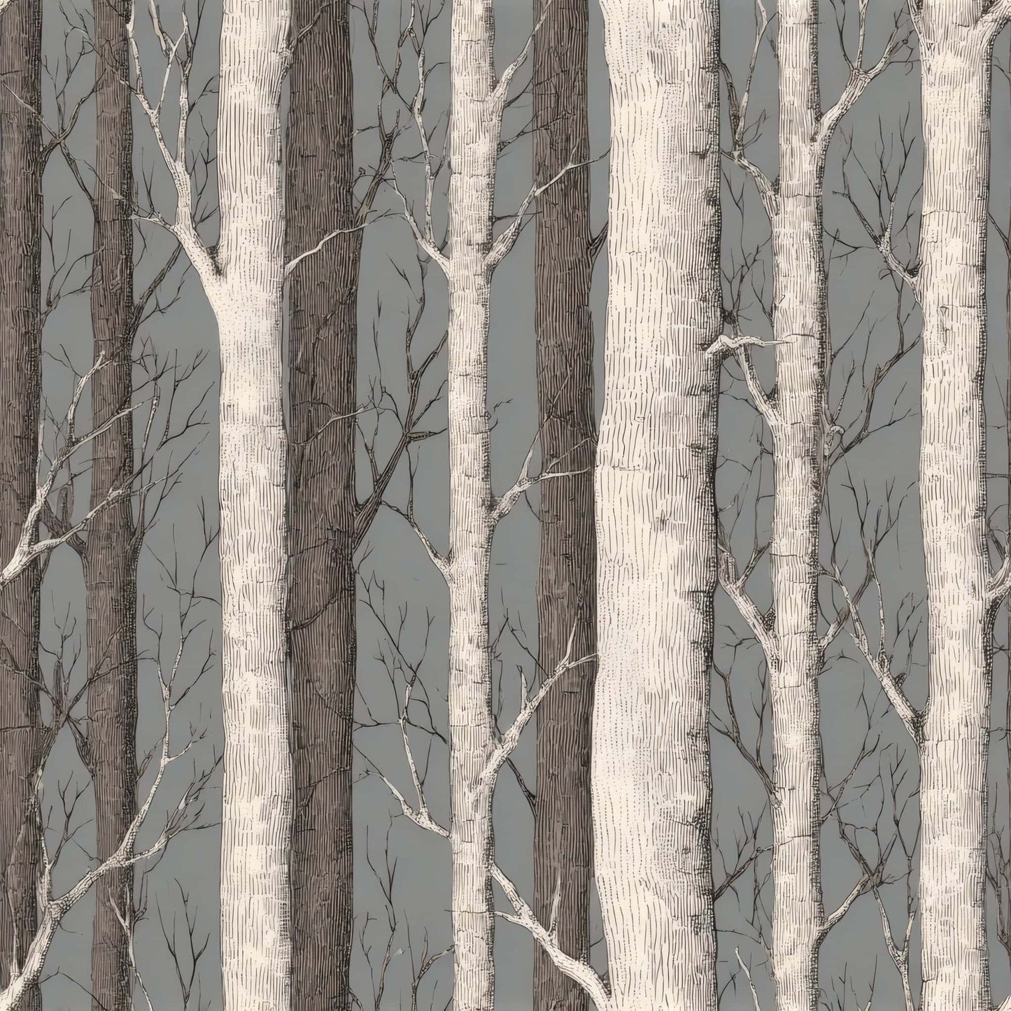 Wallpaper with detailed birch trees on a gray background, evoking a serene woodland vibe.