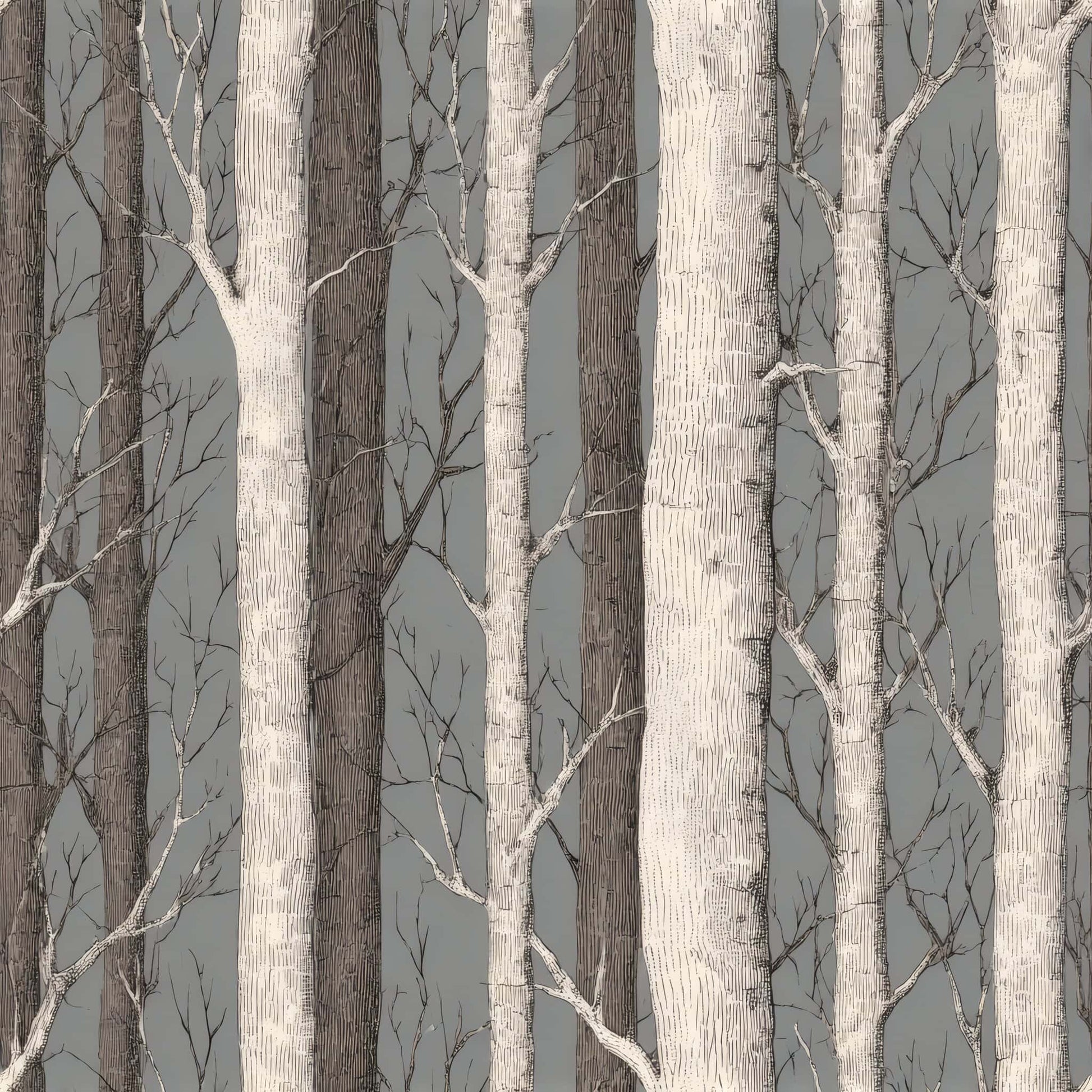 Wallpaper with detailed birch trees on a gray background, evoking a serene woodland vibe.