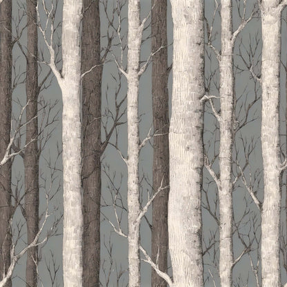 Wallpaper with detailed birch trees on a gray background, evoking a serene woodland vibe.