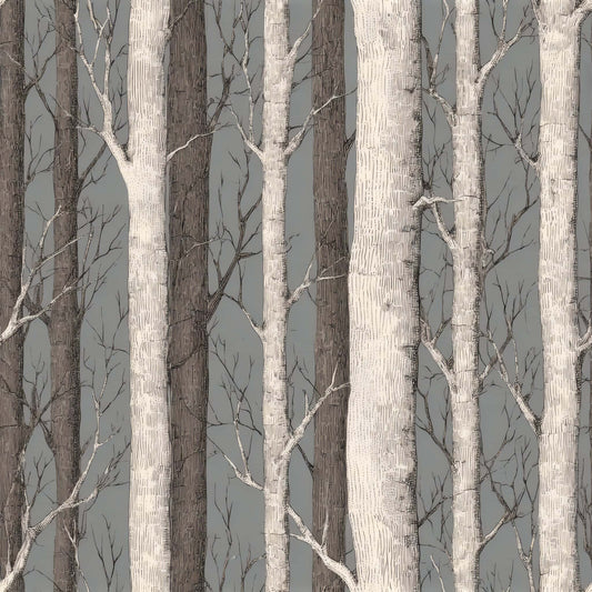 Wallpaper with detailed birch trees on a gray background, evoking a serene woodland vibe.