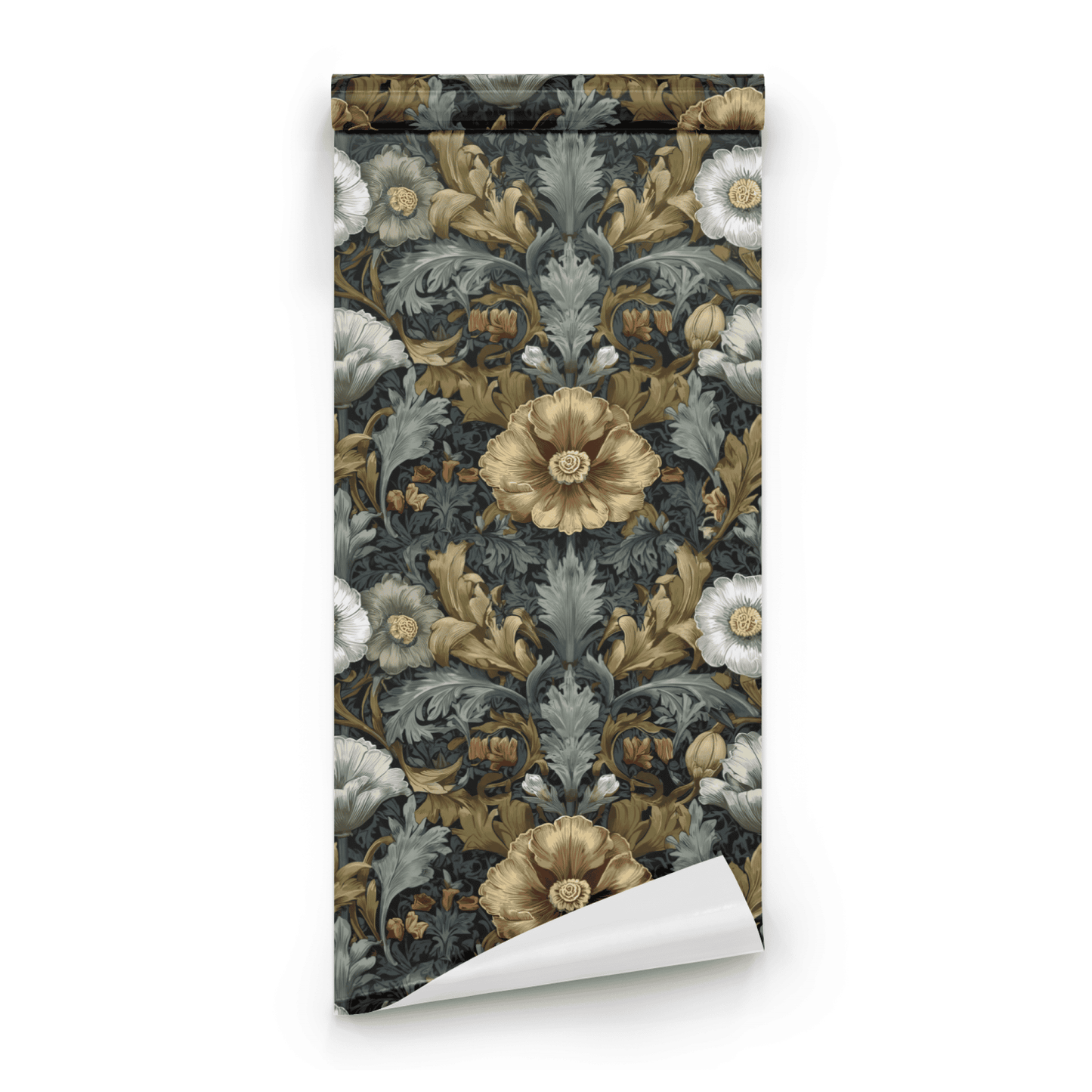 Green Floral Wallpaper roll preview showing the acanthus floral drawing in green-and-golden Victorian detail