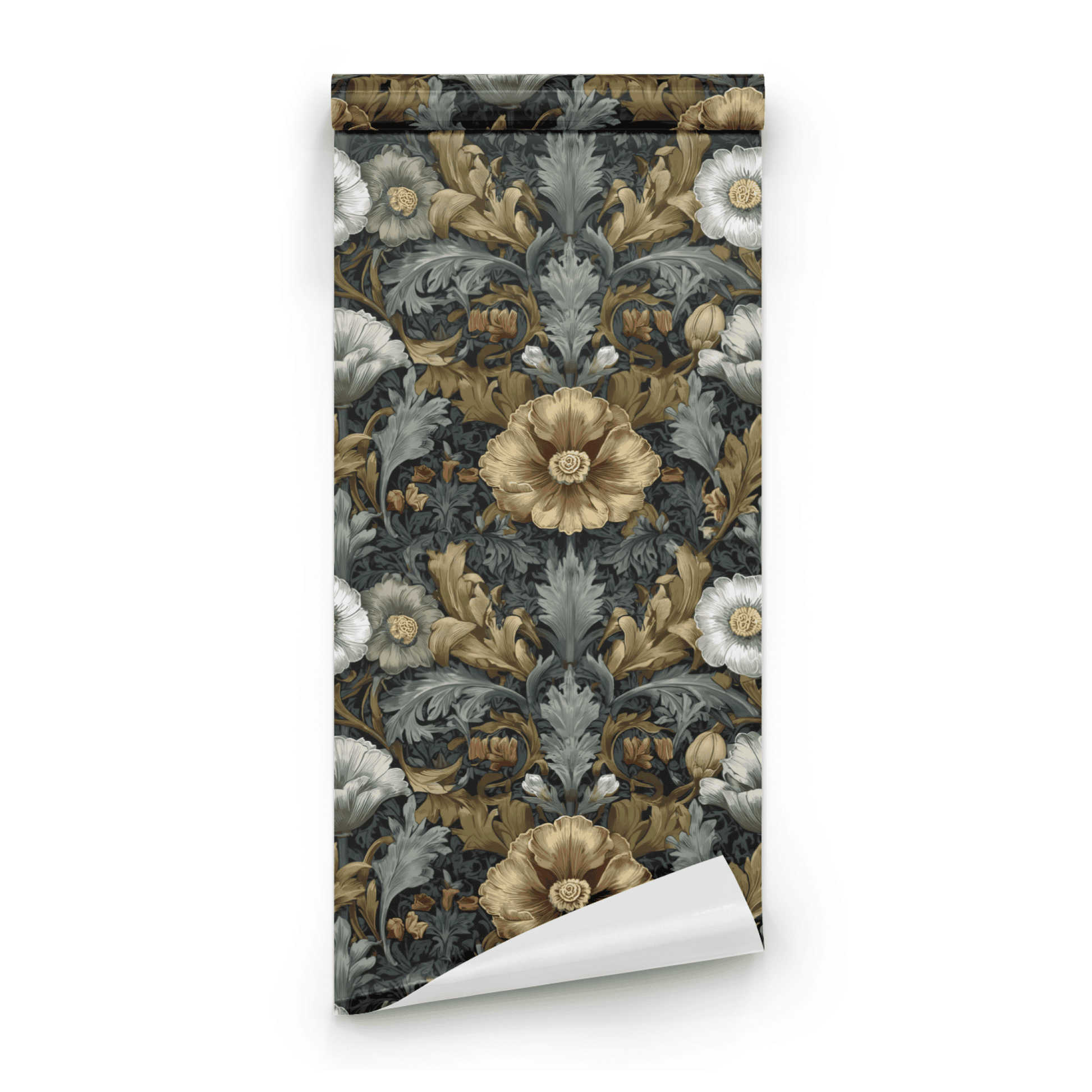 Green Floral Wallpaper roll preview showing the acanthus floral drawing in green-and-golden Victorian detail