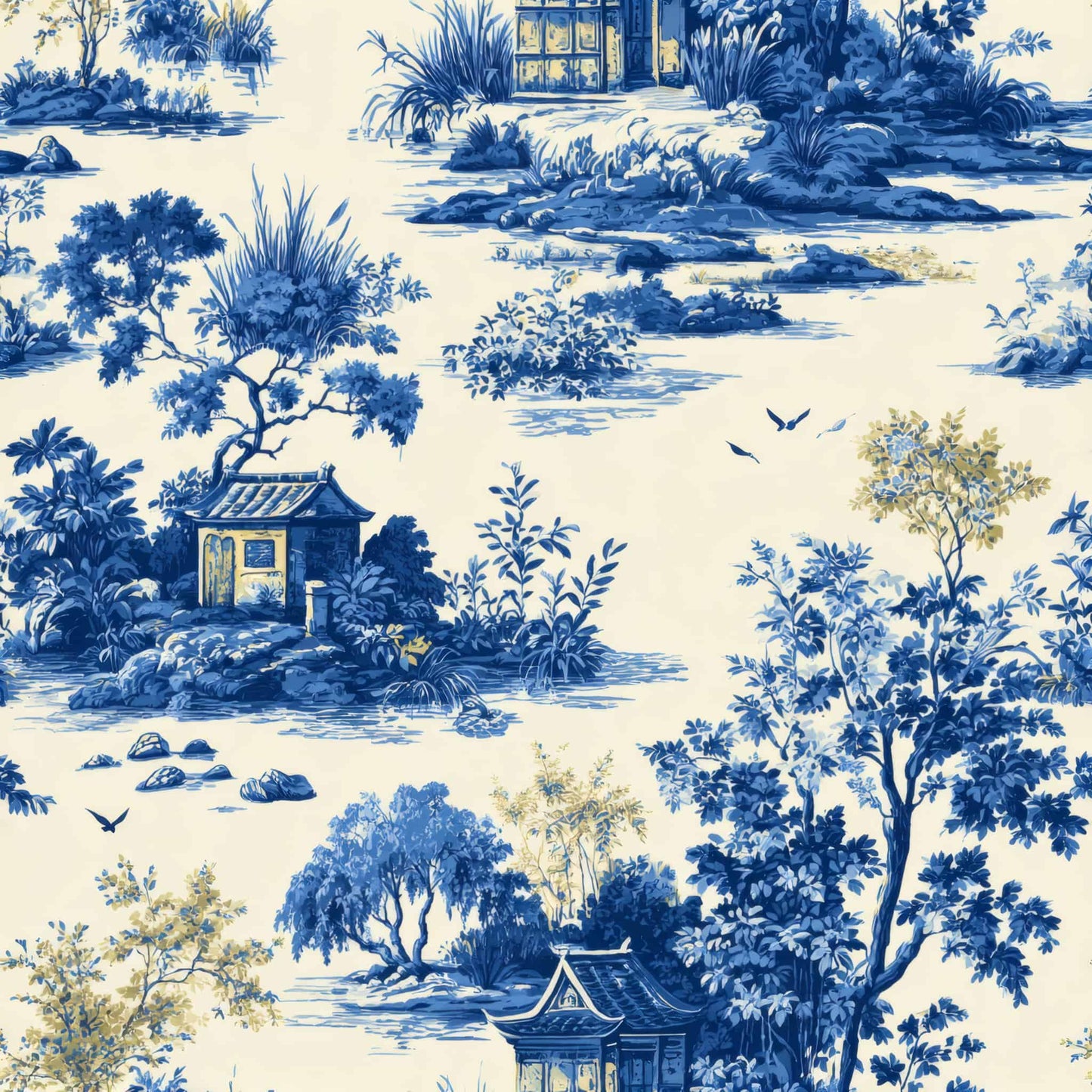 Traditional landscape wallpaper in blue and white with intricate designs.
