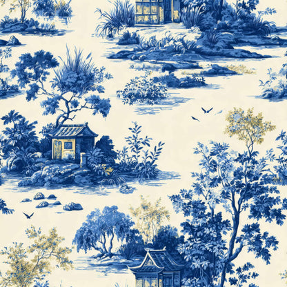 Traditional landscape wallpaper in blue and white with intricate designs.