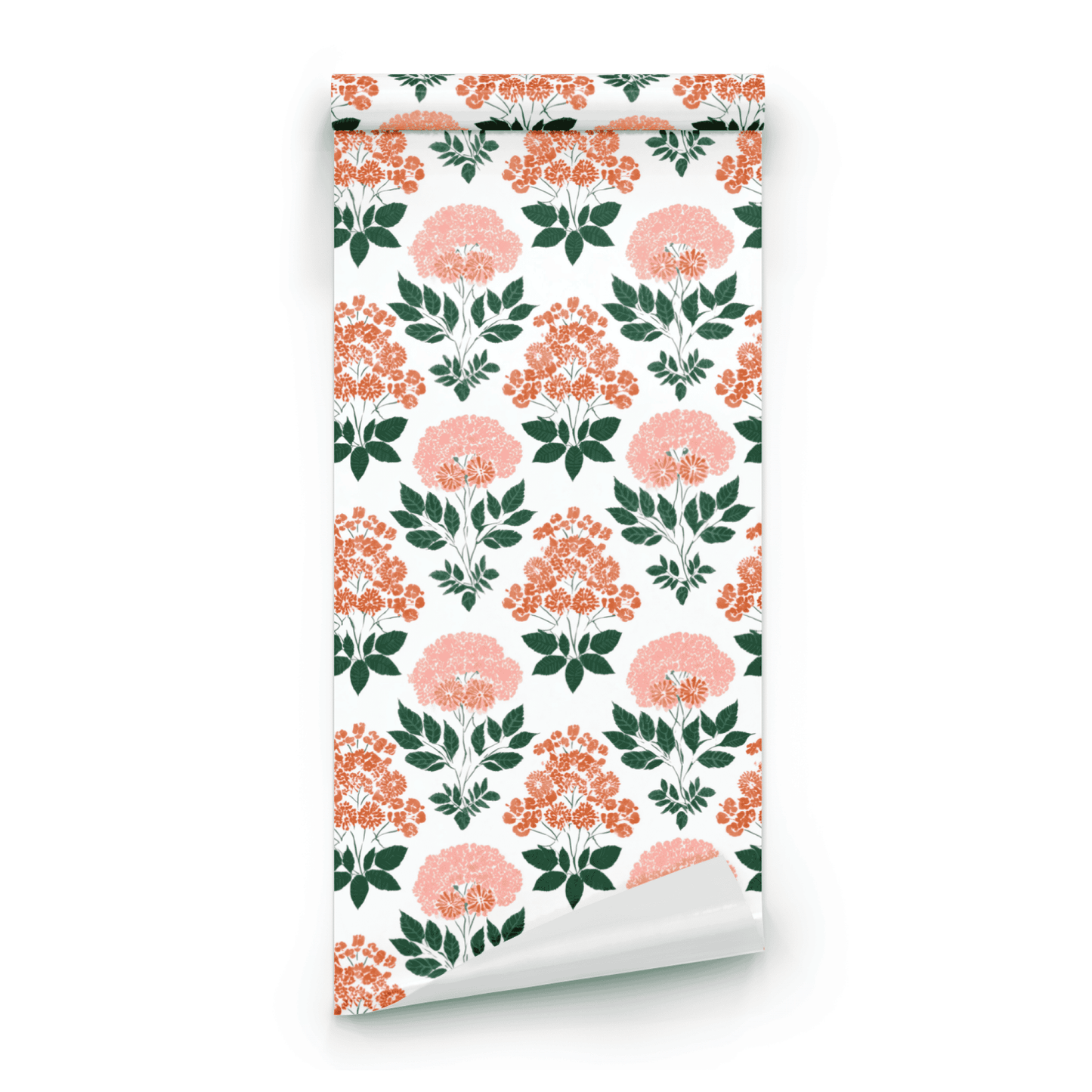White Floral Wallpaper roll preview showing the hydrangea flower drawing and the white ground in fine soft coral detail