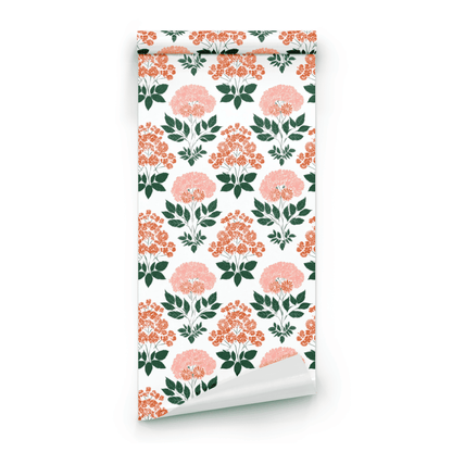 White Floral Wallpaper roll preview showing the hydrangea flower drawing and the white ground in fine soft coral detail
