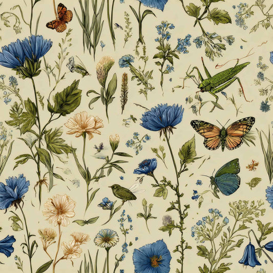 Wallpaper with wildflowers and butterflies in blue, green, and ochre hues on a light background.