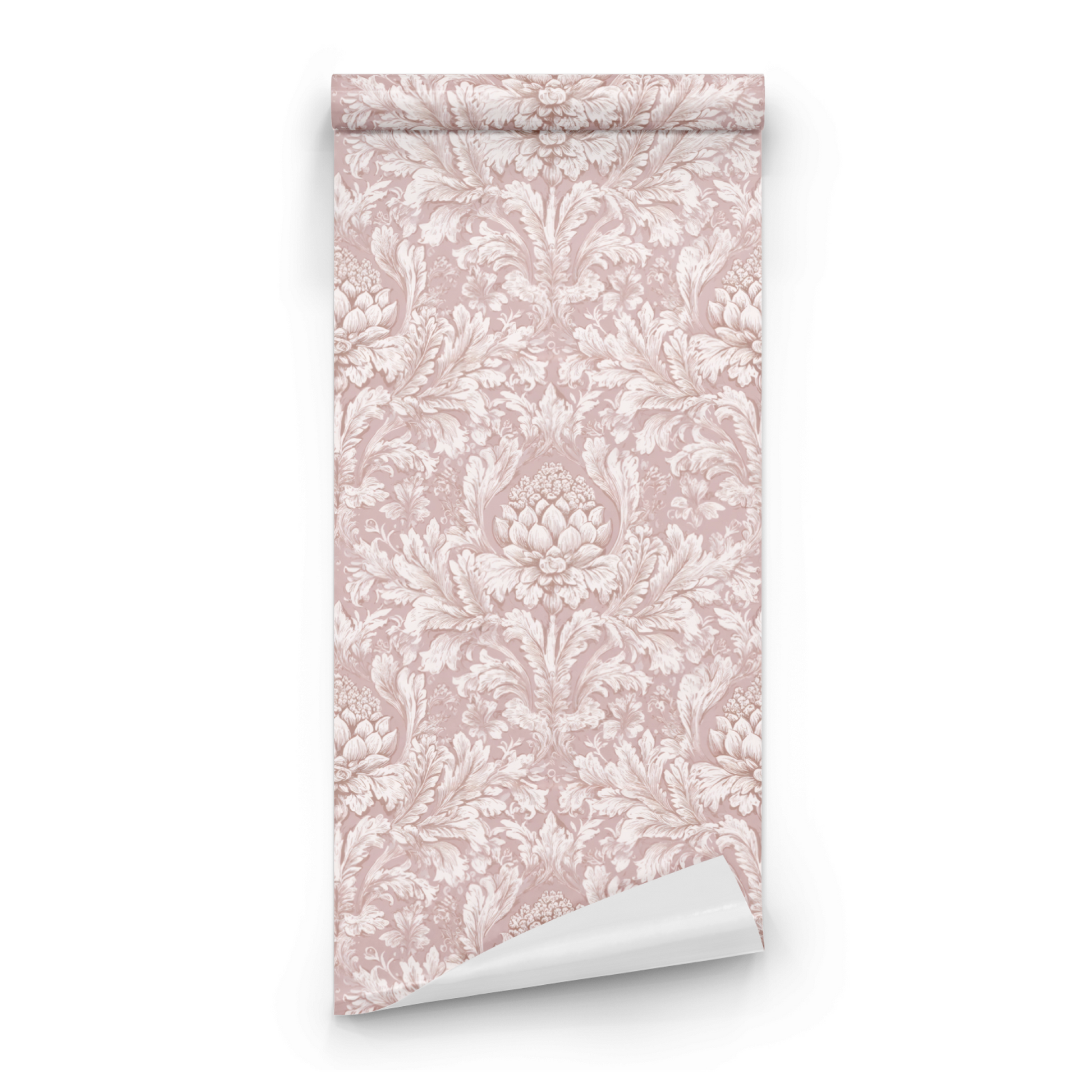 Elegant Pink Wall Covering roll preview showing the damask floral drawing in close soft pink Victorian detail