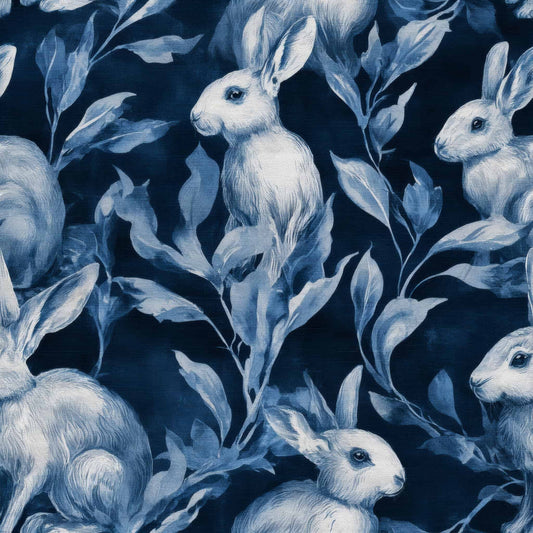 Whimsical wallpaper with indigo rabbits and lush foliage on a dark blue background.