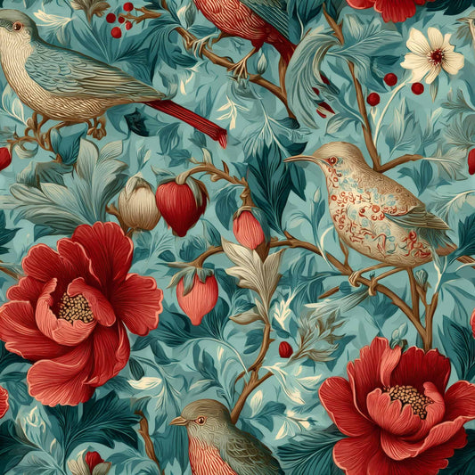 Wallpaper design featuring red flowers and exotic birds on a blue-green background.