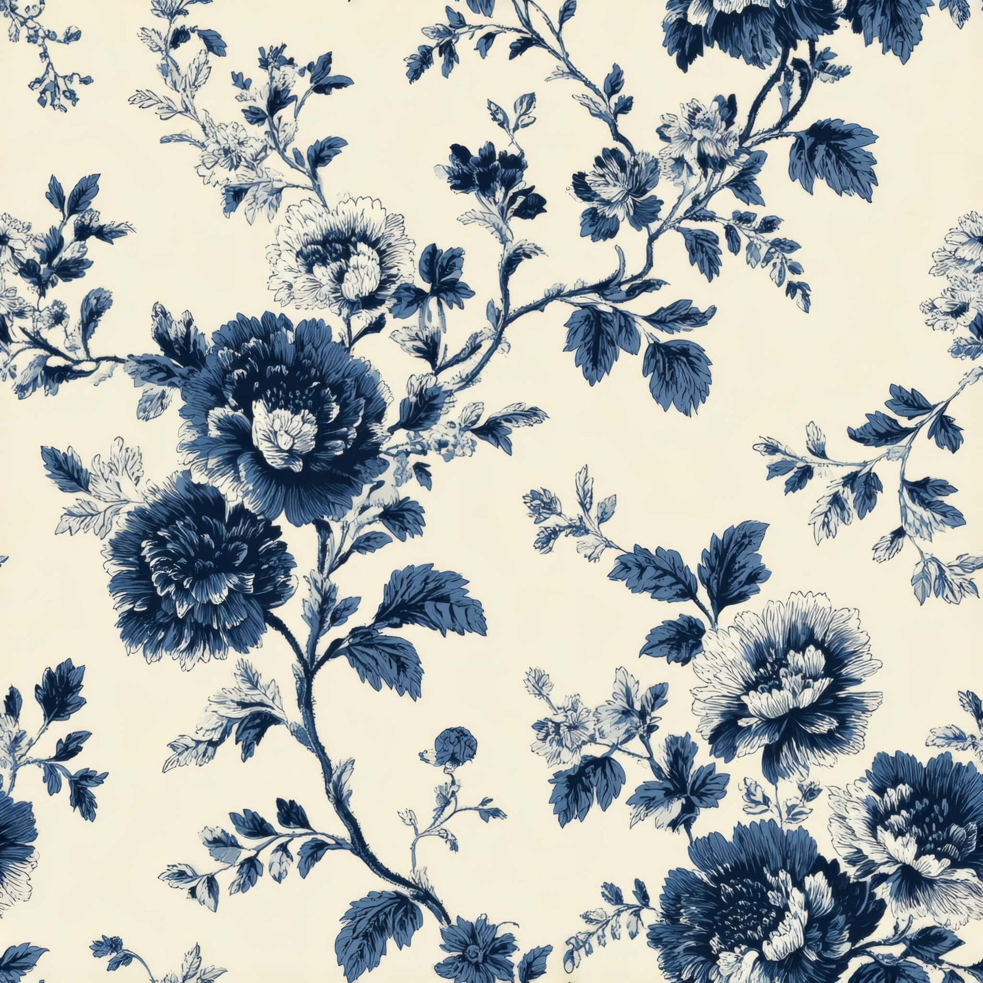 Elegant blue floral pattern on a soft ivory background with intricate blossoms and leaves.