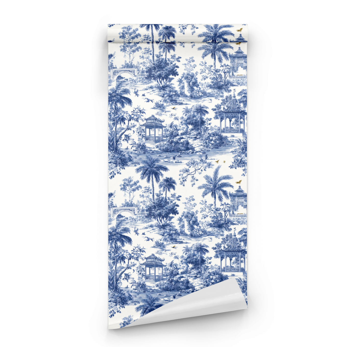 Blue Toile Wallpaper roll preview showing the scenic toile detail and the blue ink line work in close drawing