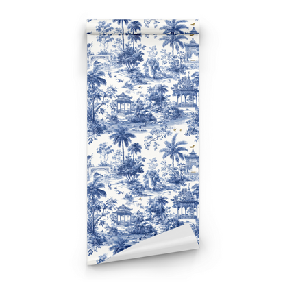 Blue Toile Wallpaper roll preview showing the scenic toile detail and the blue ink line work in close drawing