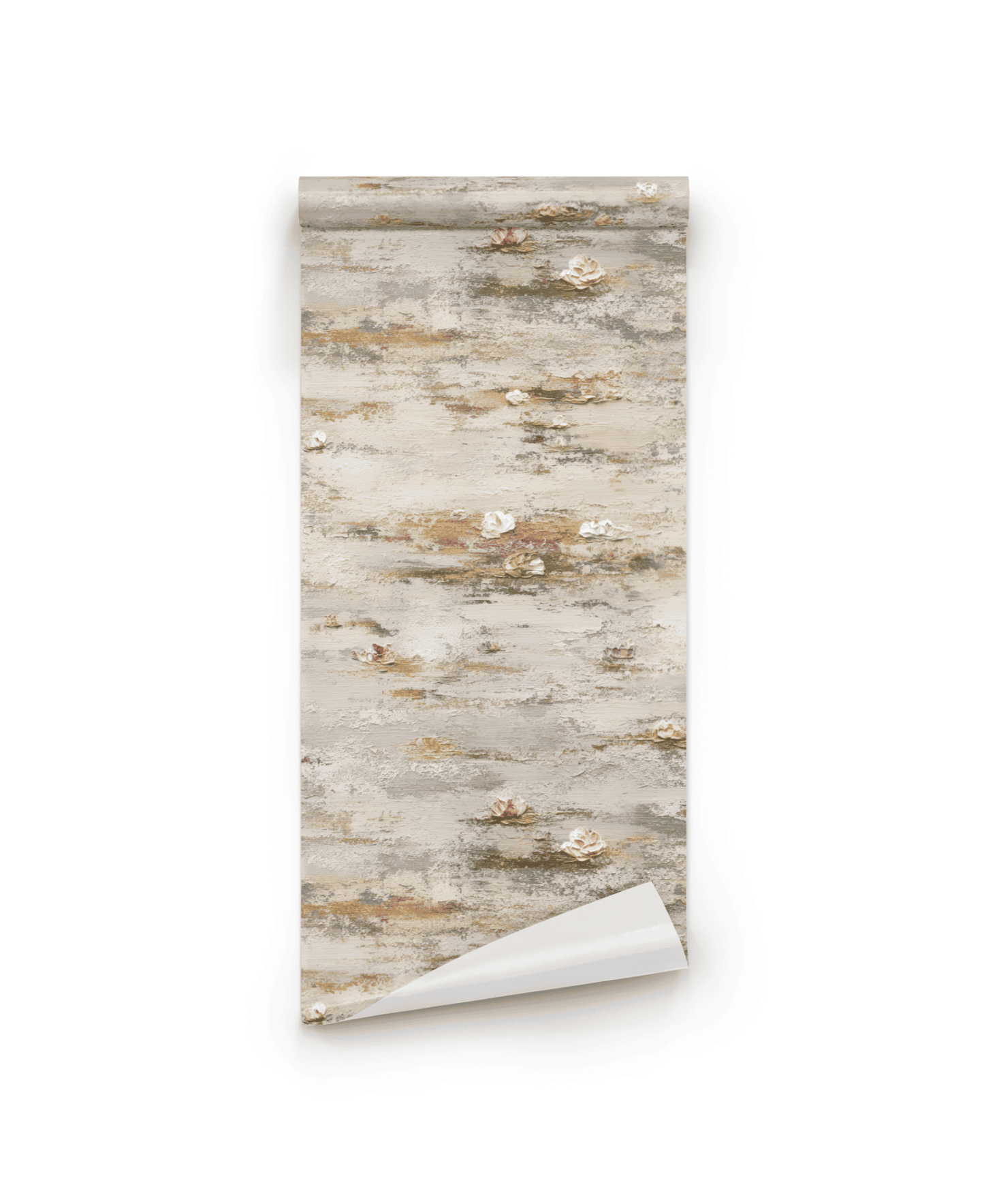 Serene Blossoms Wallpaper, shown partially unrolled on a white background, features a neutral birch tree bark pattern with textured brushstrokes.