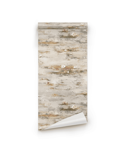 Serene Blossoms Wallpaper, shown partially unrolled on a white background, features a neutral birch tree bark pattern with textured brushstrokes.