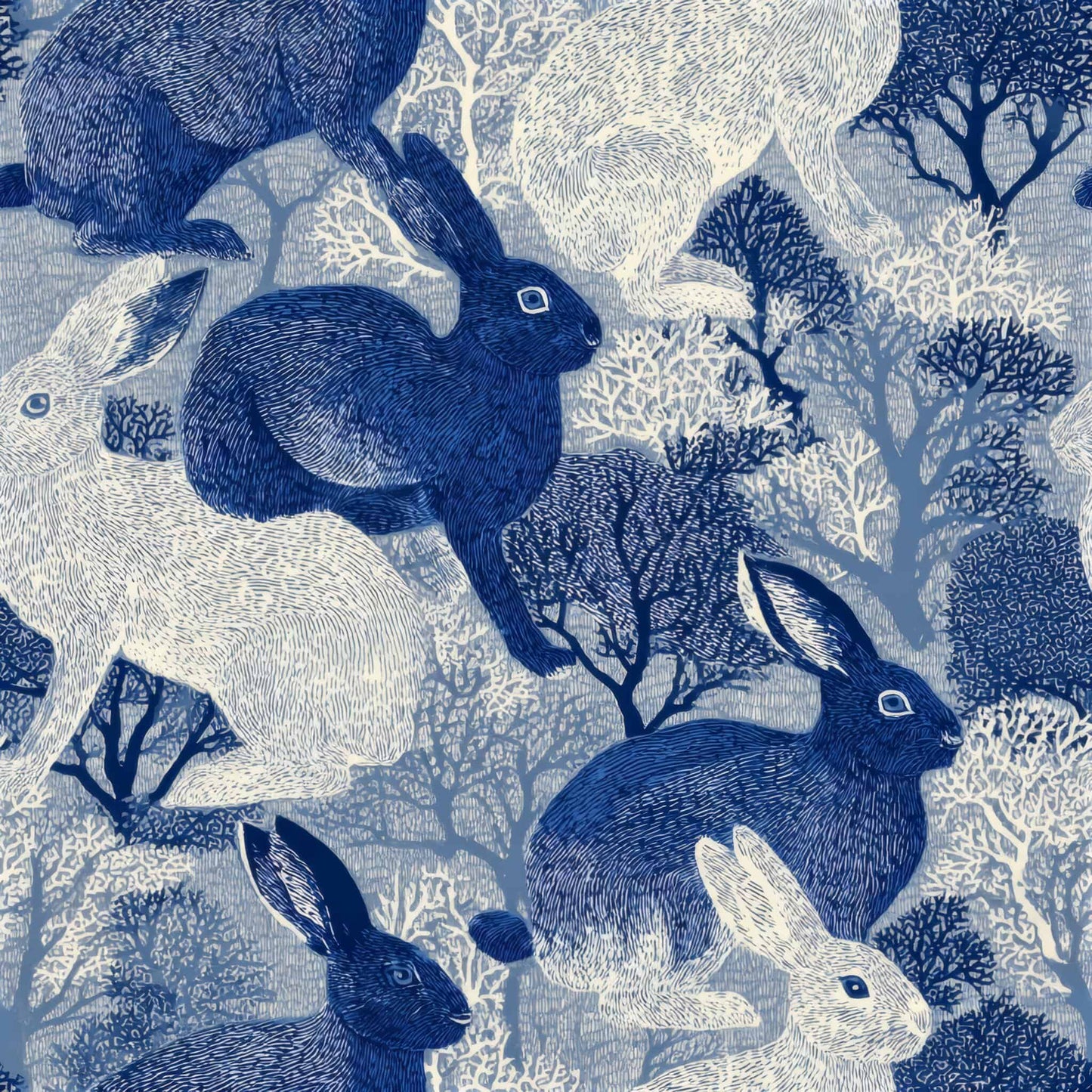 Pattern of blue and white hares amidst a detailed forest backdrop in varying shades of blue.