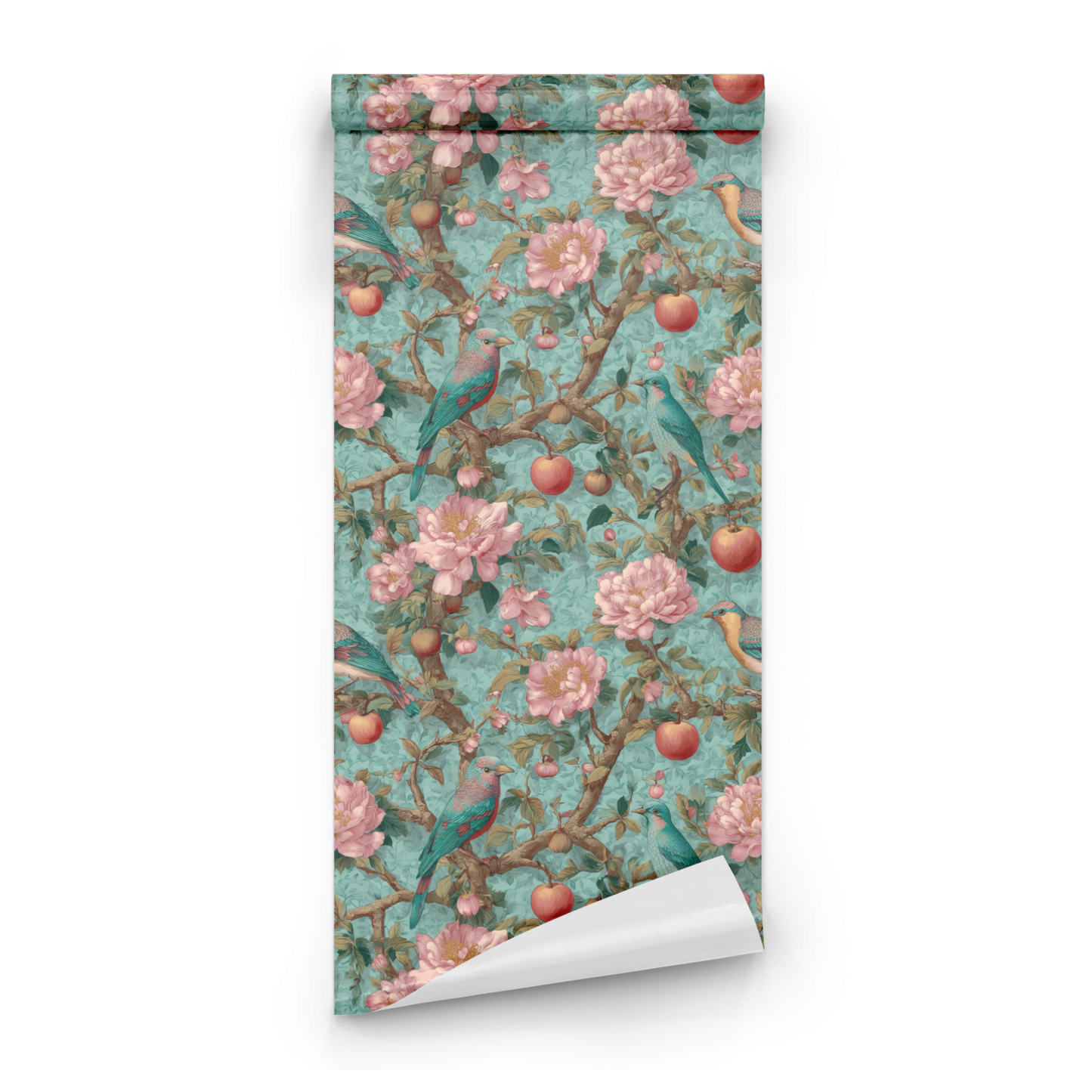 Azure Peony | Green Floral Wallpaper | Fruit Pattern - Roll Preview