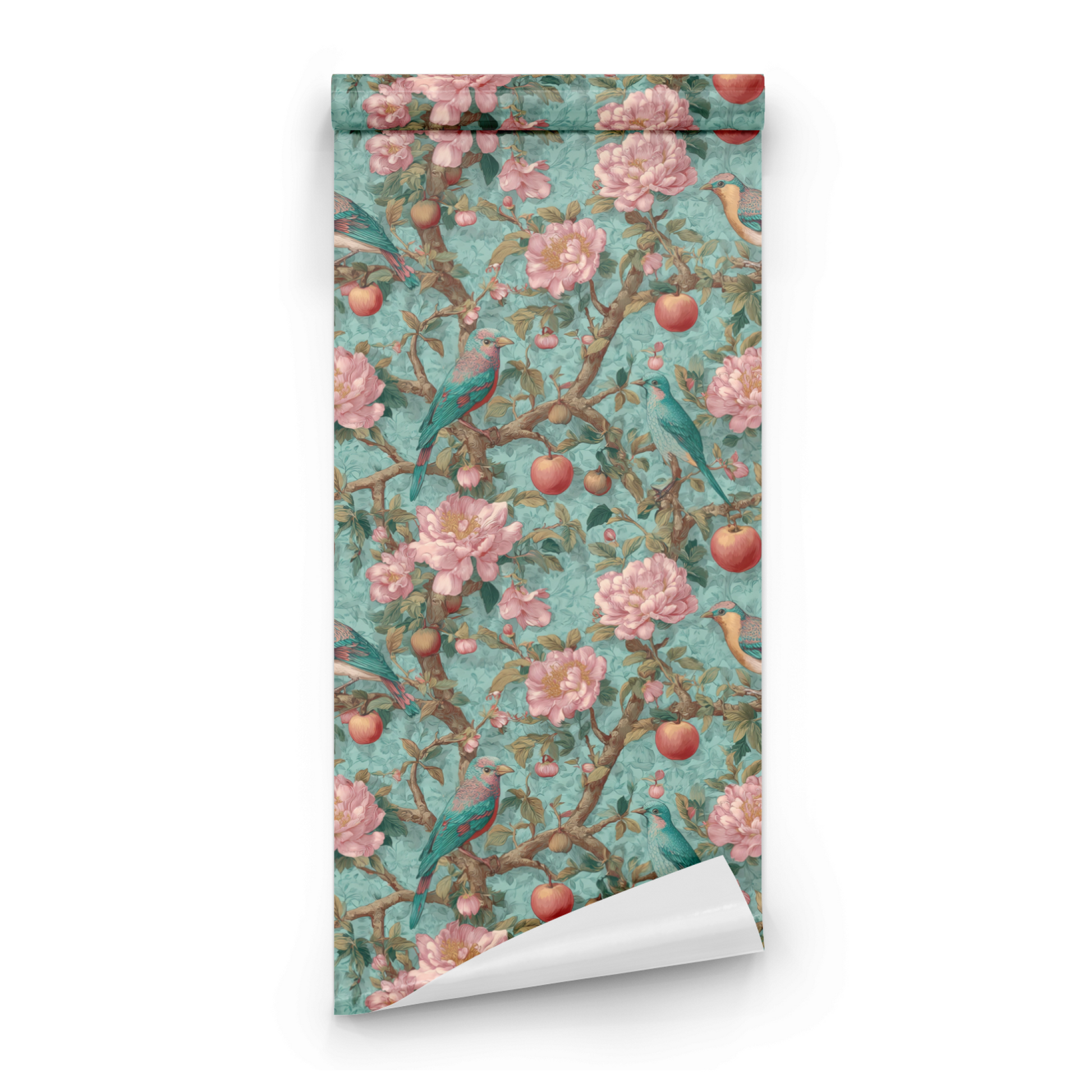Azure Peony | Green Floral Wallpaper | Fruit Pattern - Roll Preview