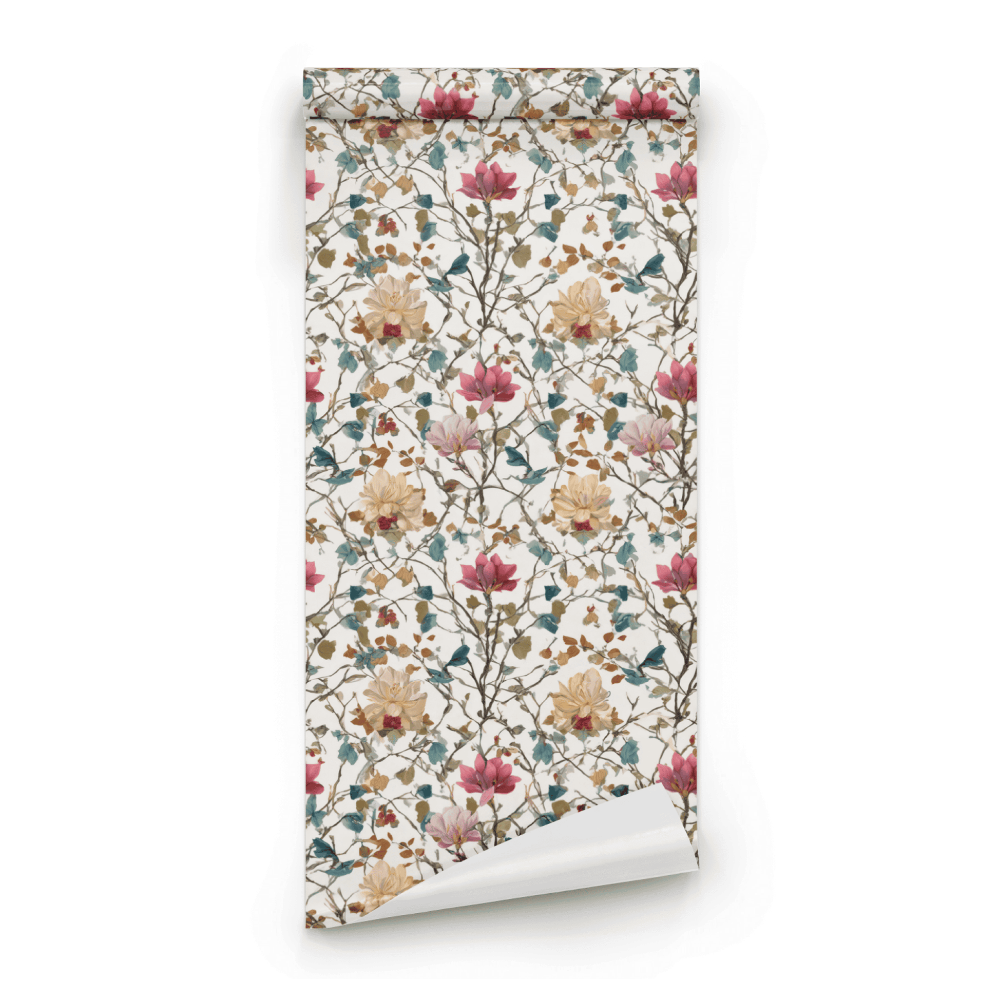 Cream Floral Wallpaper roll close-up showing the petal drawing in close cream watercolor botanical detail