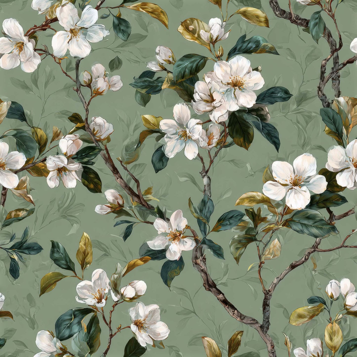 Wallpaper with white blossoms and green leaves on a pastel green background.