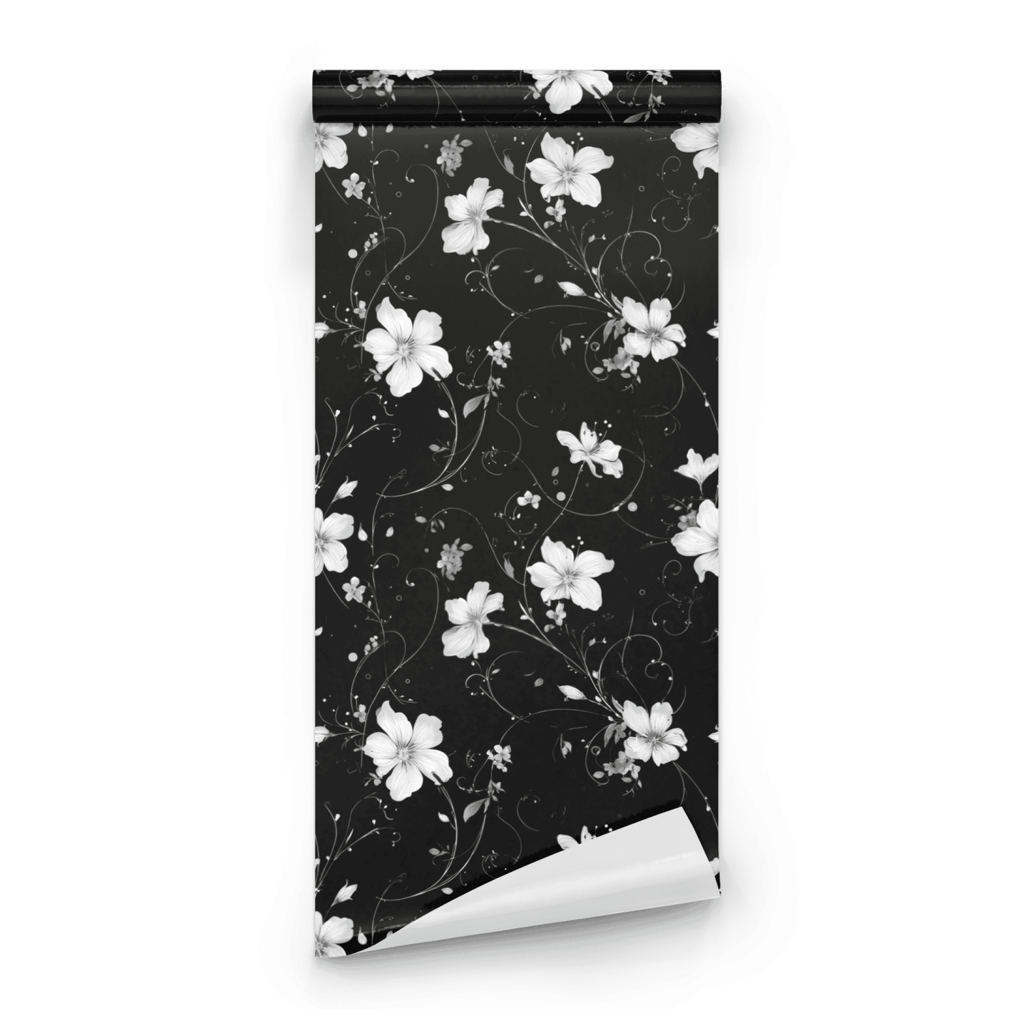 Black Floral Wallpaper roll close-up showing the blossom drawing in close black-and-white monochrome detail