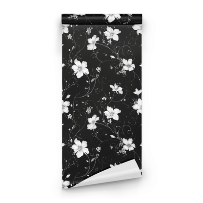 Black Floral Wallpaper roll close-up showing the blossom drawing in close black-and-white monochrome detail