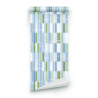 Linear Block | Blue Geometric Wallpaper | Mid-Century Modern - Roll Preview