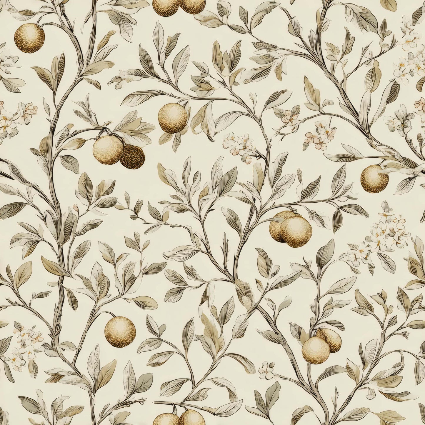 Wallpaper with delicate botanical and citrus patterns in beige, green, and orange hues.