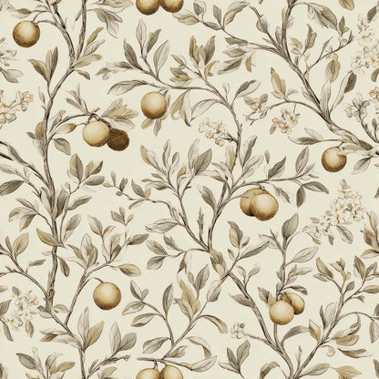 Wallpaper with delicate botanical and citrus patterns in beige, green, and orange hues.