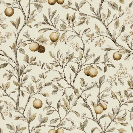 Wallpaper with delicate botanical and citrus patterns in beige, green, and orange hues.