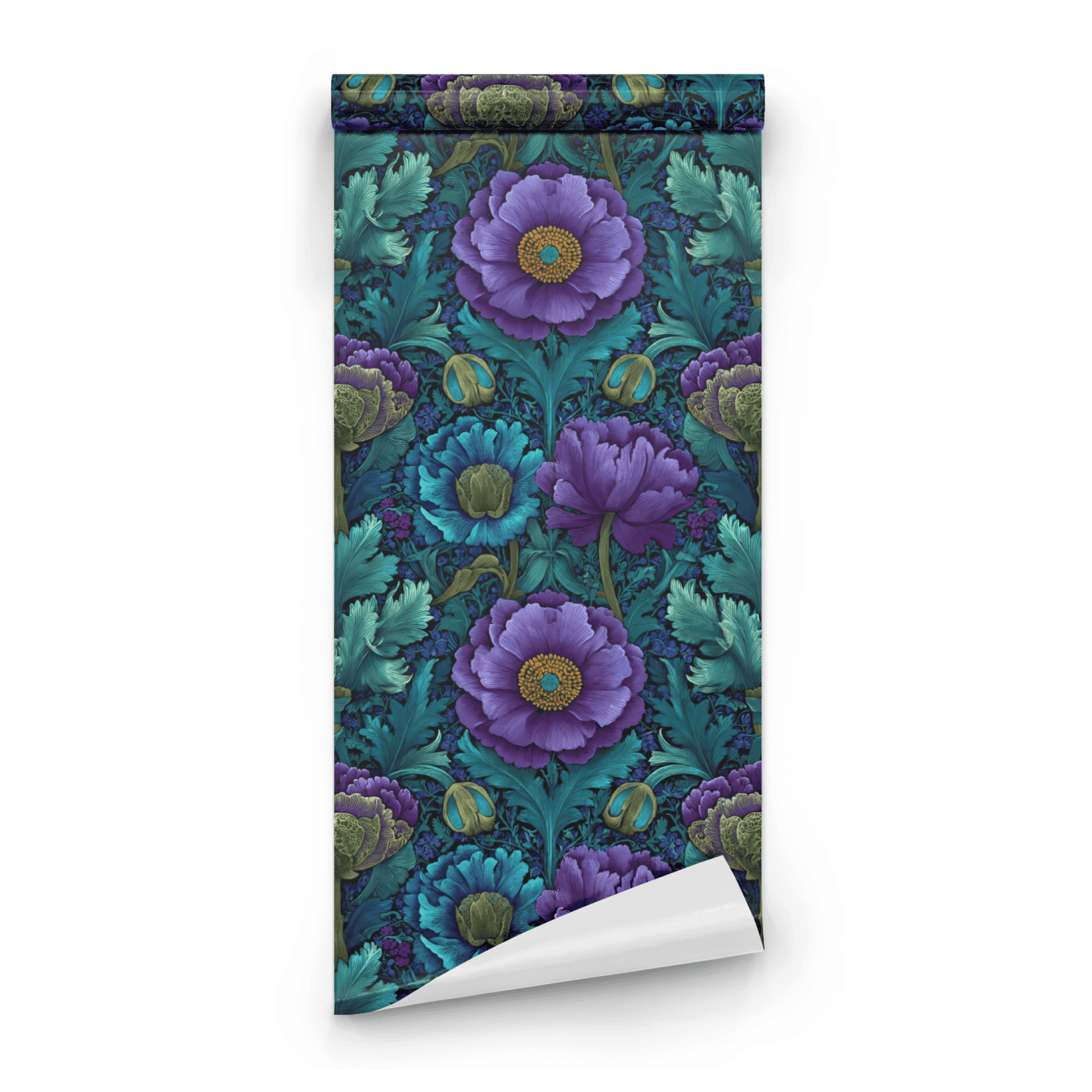 Green Floral Wallpaper roll close-up showing the peony drawing with iridescent green Arts and Crafts detail