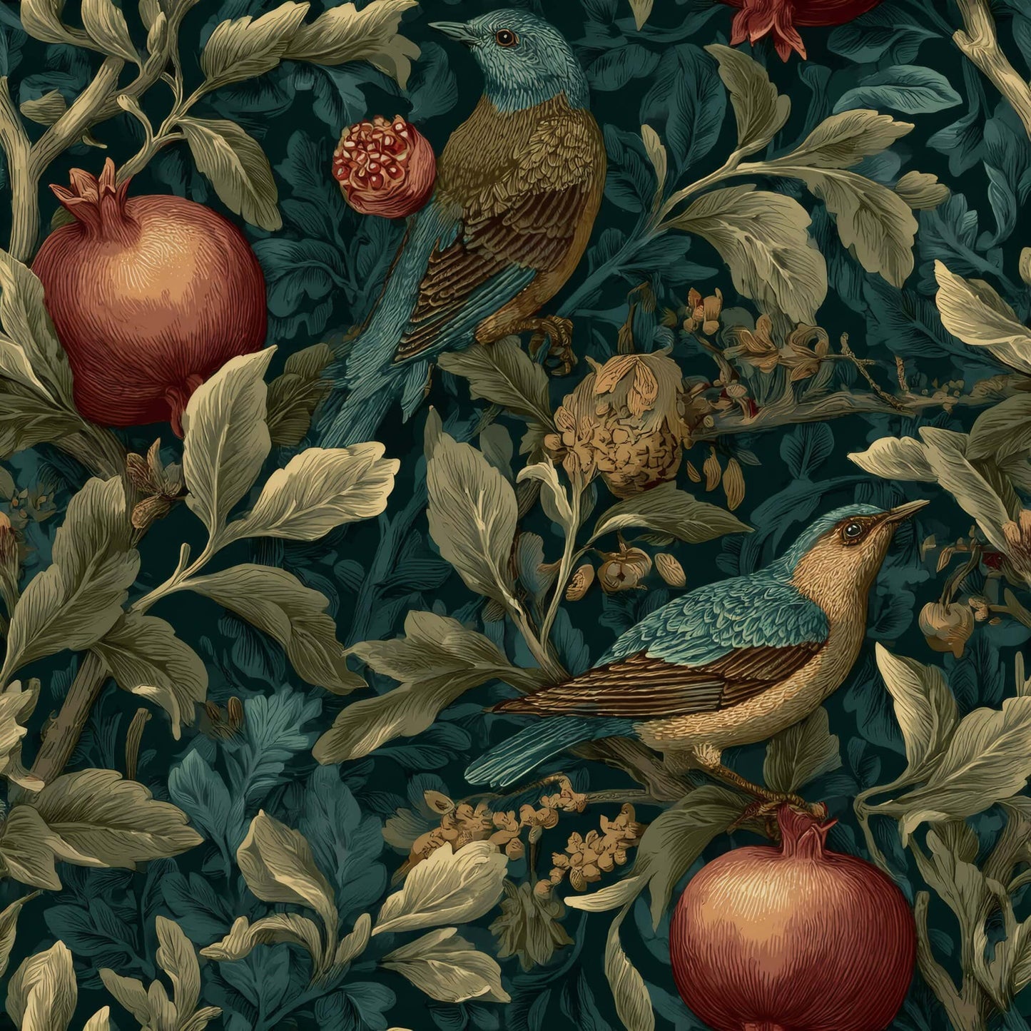 Wallpaper with birds, pomegranates, and foliage in earthy tones against a dark green background.