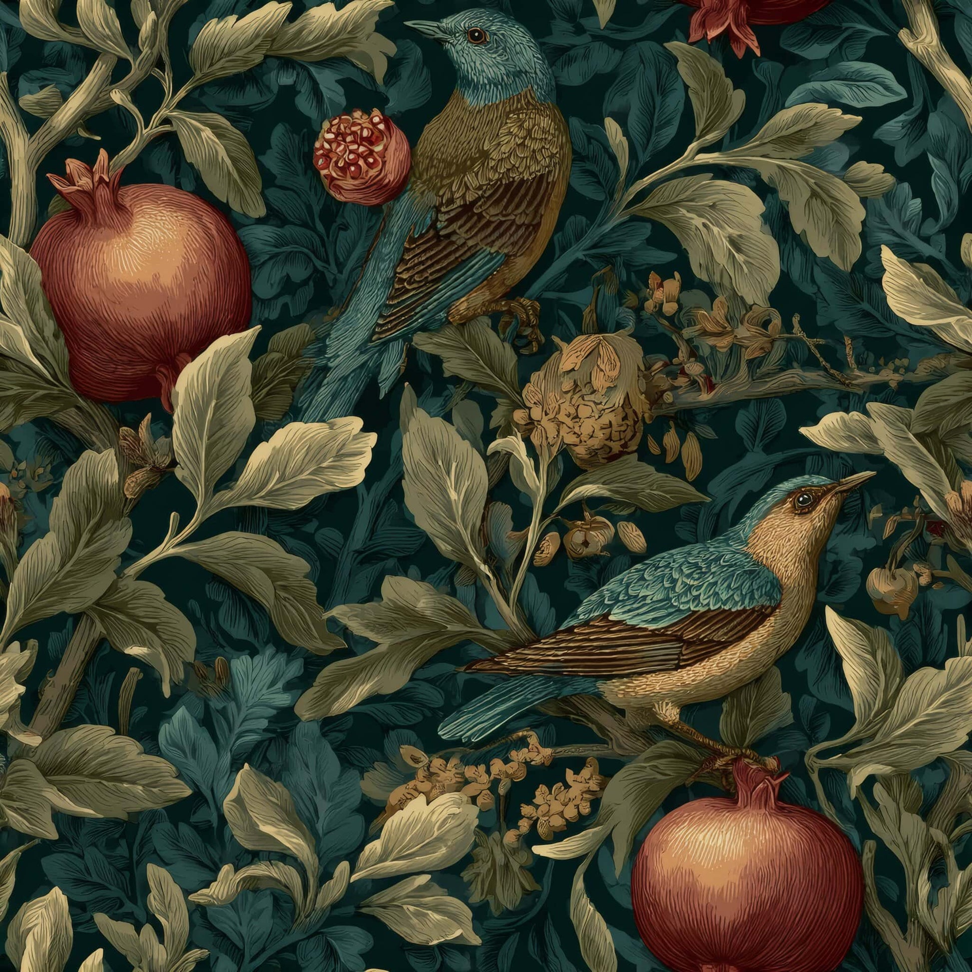 Wallpaper with birds, pomegranates, and foliage in earthy tones against a dark green background.