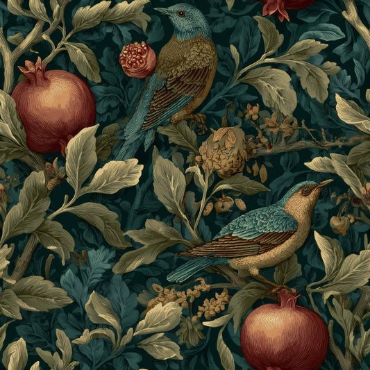Wallpaper with birds, pomegranates, and foliage in earthy tones against a dark green background.