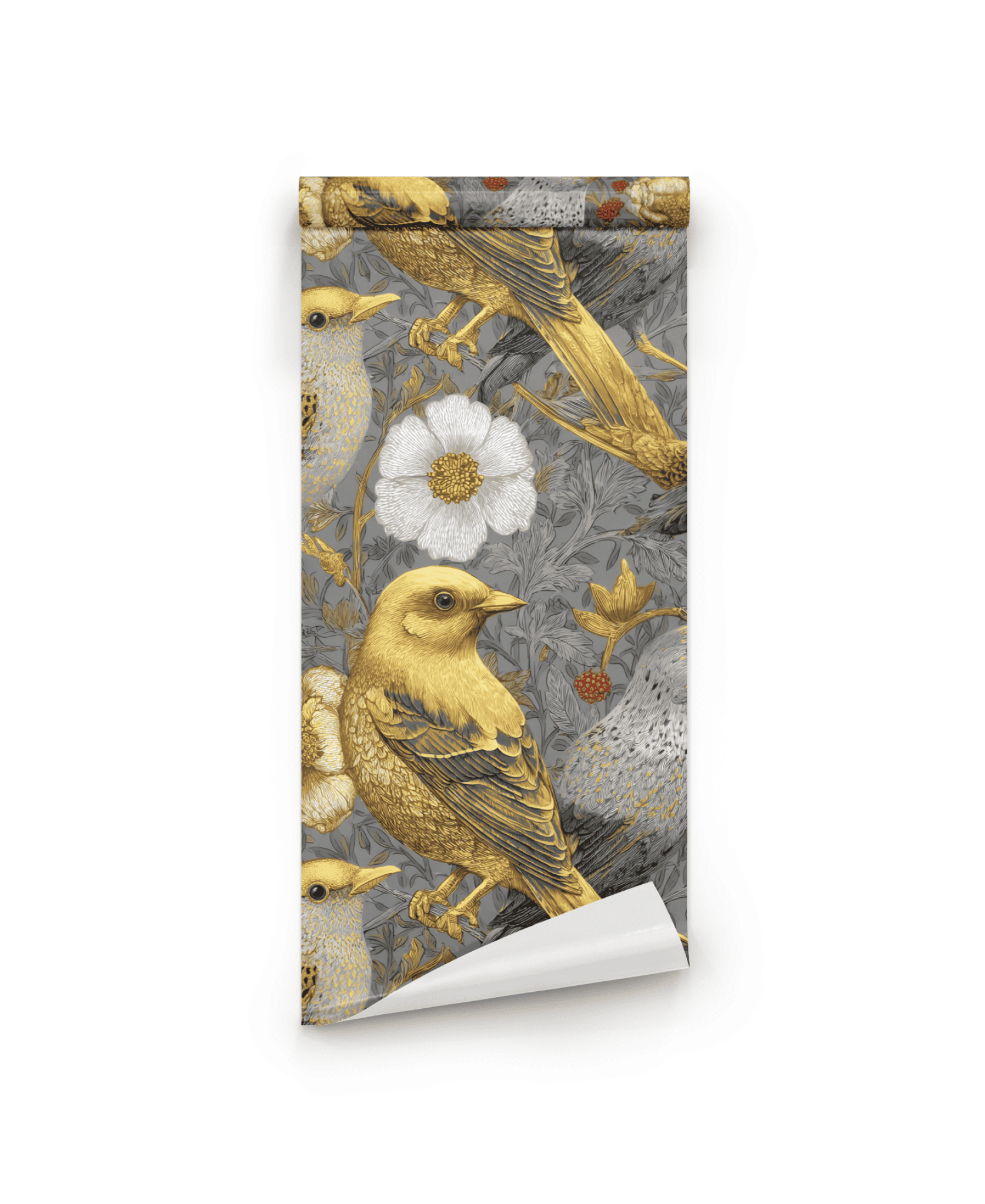 Golden Aviary Wallpaper: A roll of wallpaper with golden birds, white flowers, and gray foliage in a detailed pattern on a light gray background.
