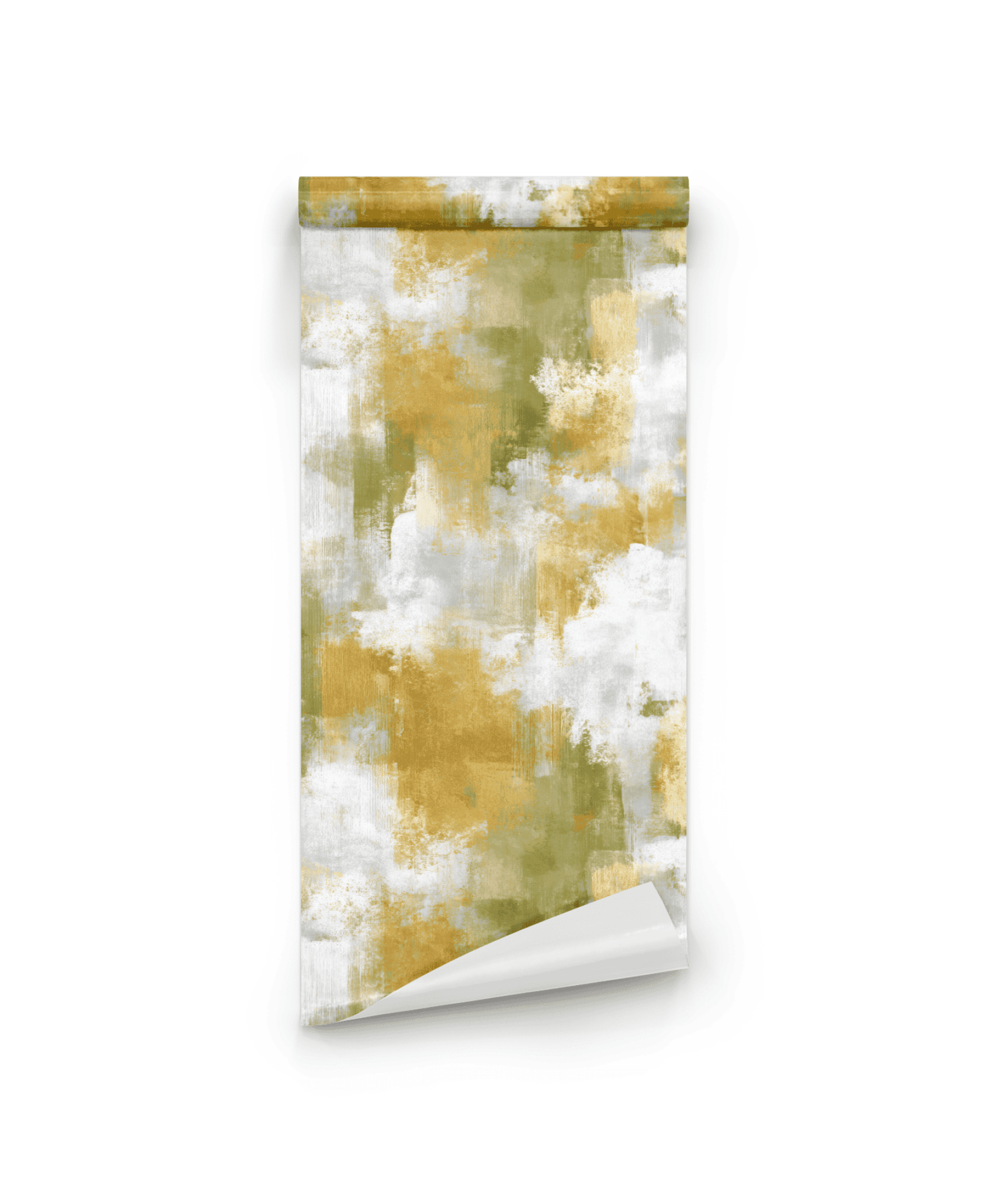 Golden Essence Wallpaper features an abstract pattern in warm golden, green, and white tones, creating a modern aesthetic. Displayed against a white background.