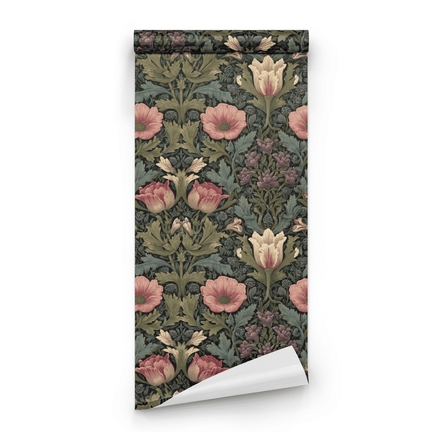 Green Floral Wallpaper roll close-up showing the primrose drawing in close green Arts and Crafts Victorian detail