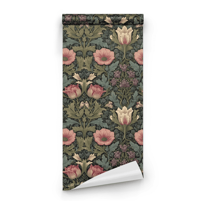 Green Floral Wallpaper roll close-up showing the primrose drawing in close green Arts and Crafts Victorian detail