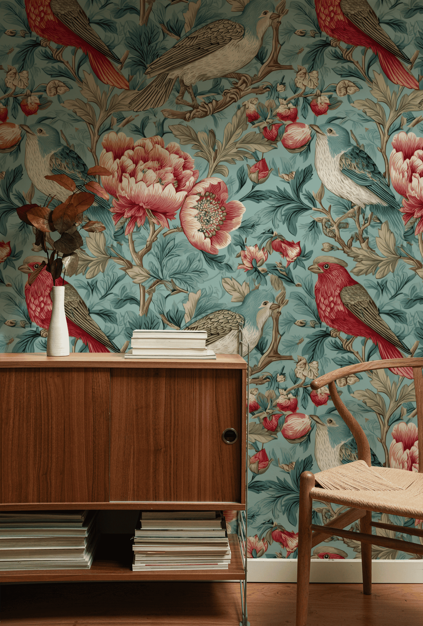 A wooden cabinet and chair sit in front of Aviary Blossom Wallpaper, featuring a floral and bird motif. A white vase with dried flowers and stacked books decorate the cabinet, creating a scene of timeless elegance.
