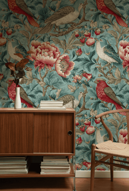 A wooden cabinet and chair sit in front of Aviary Blossom Wallpaper, featuring a floral and bird motif. A white vase with dried flowers and stacked books decorate the cabinet, creating a scene of timeless elegance.