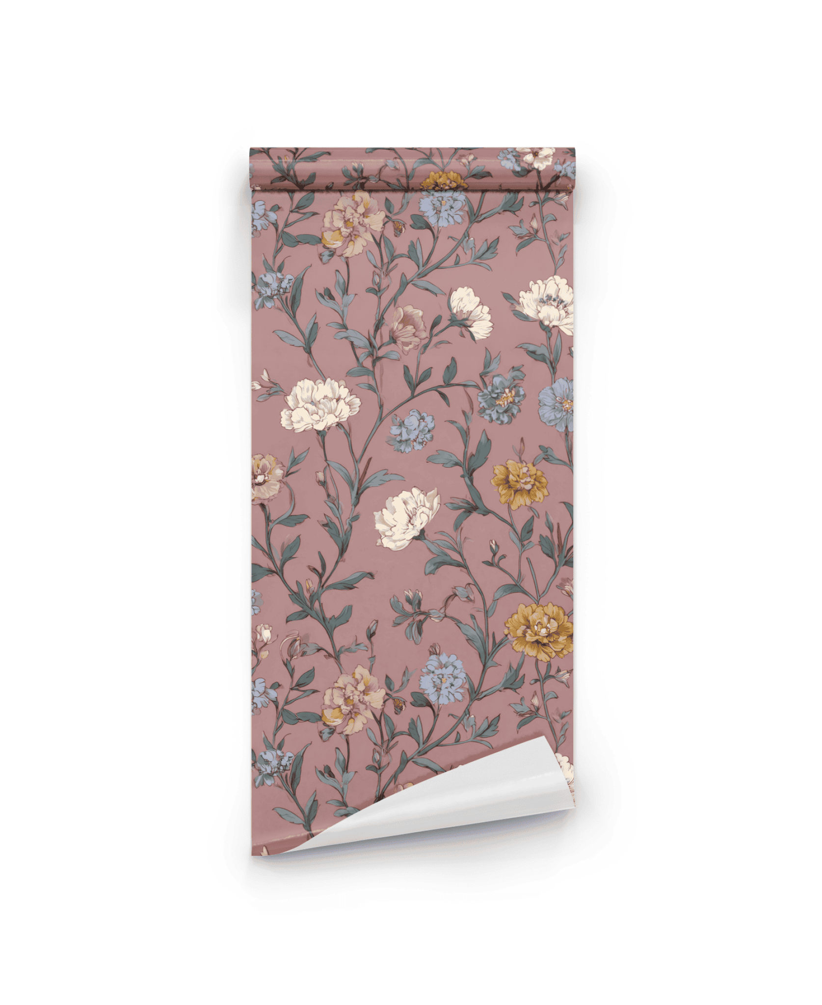 Blossom Reverie Wallpaper features delicate blooms in cream, yellow, and blue on a muted mauve and dusty rose background, adding romantic tranquility to any space.