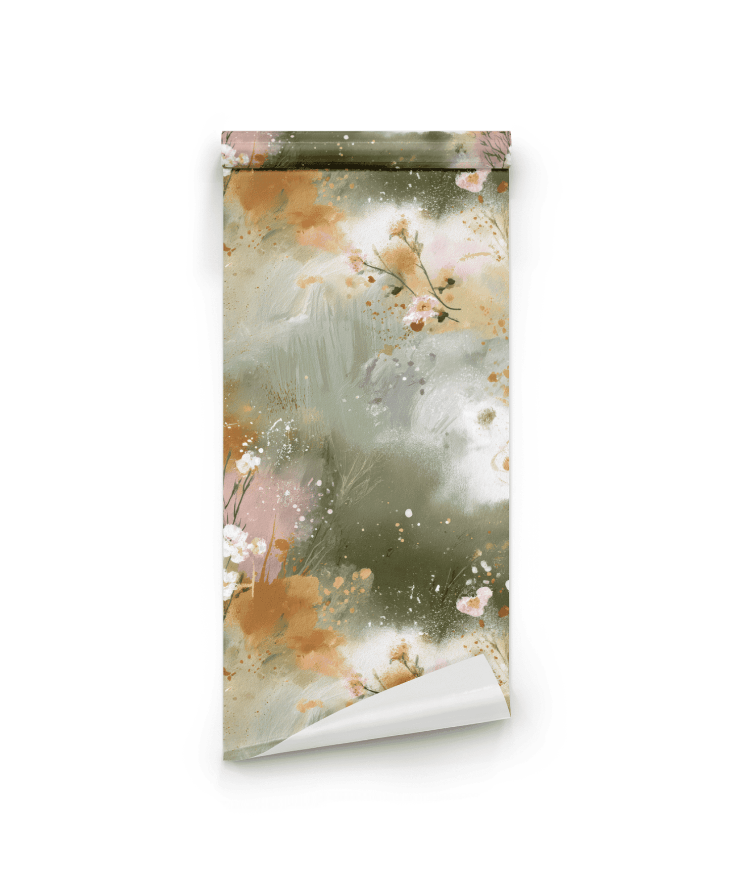 Whispering Garden Wallpaper features a soft, abstract floral design in earthy tones—muted greens, peach, white, and beige—on a rolled wallpaper displayed against a white background.