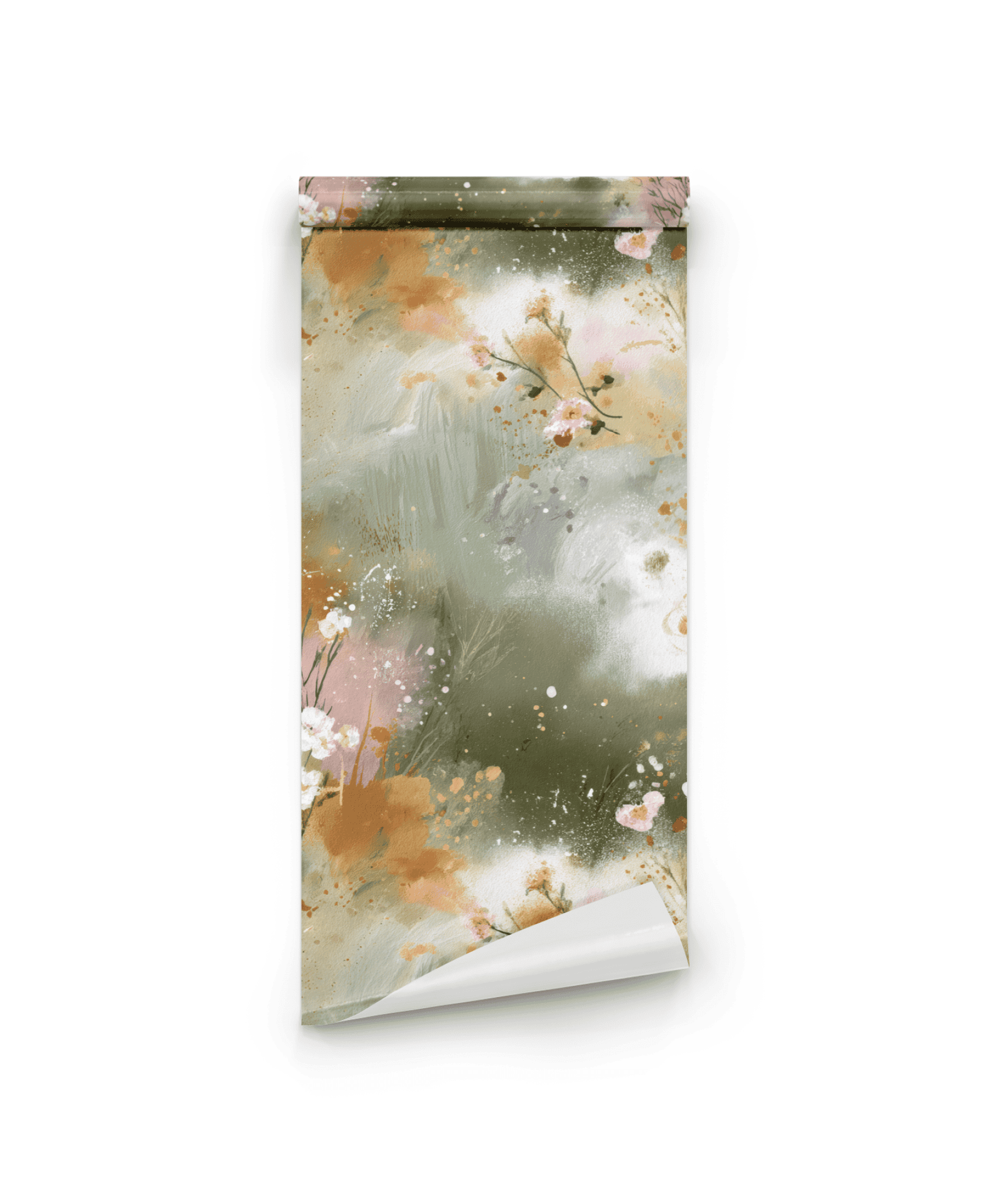 Whispering Garden Wallpaper features a soft, abstract floral design in earthy tones—muted greens, peach, white, and beige—on a rolled wallpaper displayed against a white background.