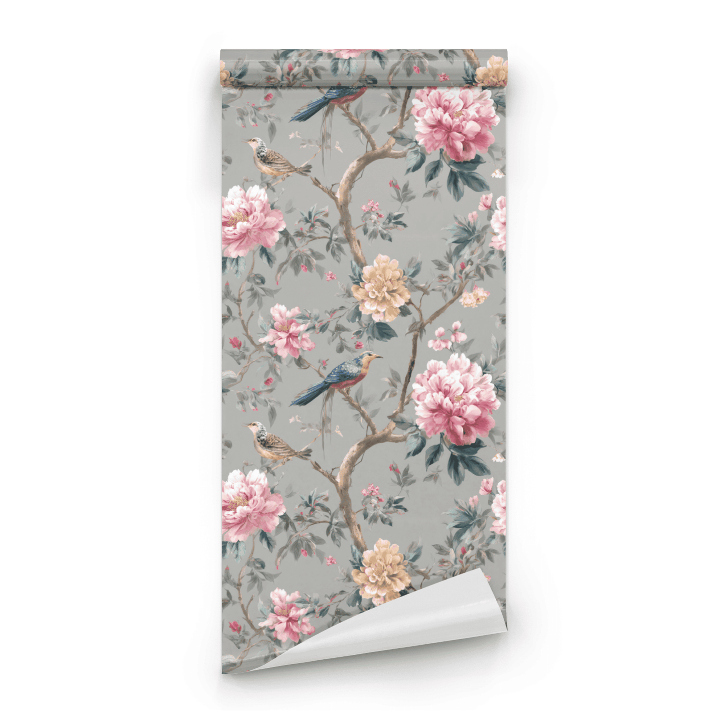 Grey Floral Wallpaper roll close-up showing the songbird and flowering branch detail on the grey ground in fine line work